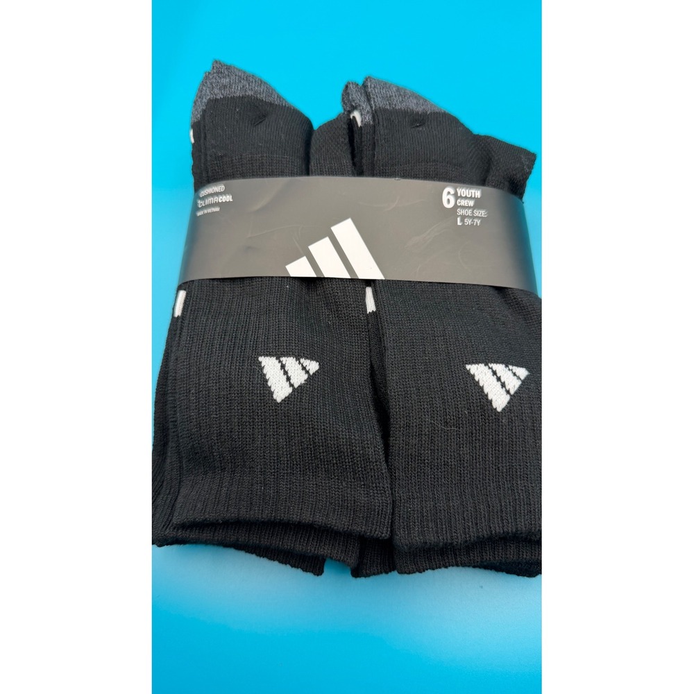 Adidas Crew Socks Youth 5Y-7Y Black 6 Pair New Climacool Cushioned Sock